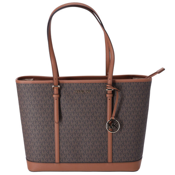 Michael Kors Jet Set Travel Large Shoulder Tote Handbag Bag Zip Brown Signature - Picture 1 of 5